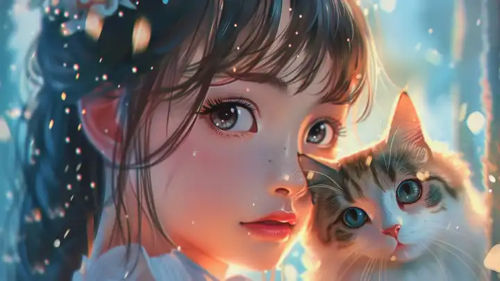 ai generative illustration with a cute anime girl with a cat