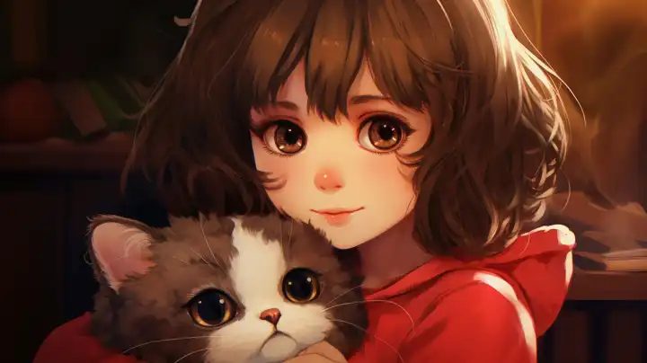 ai generative illustration mit einem niedlichen anime-mädchen mit einer katze