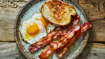 ai generative illustration of a food photo of toast, bacon and fried eggs on a plate
