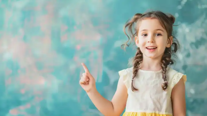 kleines fröhliches Kind zeigt mit dem Zeigefinger auf etwas an einer hellblauen Wand, Platz für Text