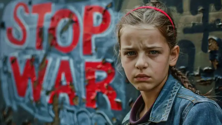 Girl in front of a stone wall with the words Stop War written on it
