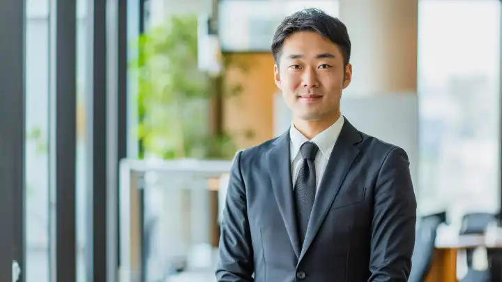 Japanischer Business-Manager im Anzug vor einem unscharfen Büro