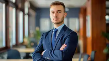 Young man in a business suit in front of a blurred office scene