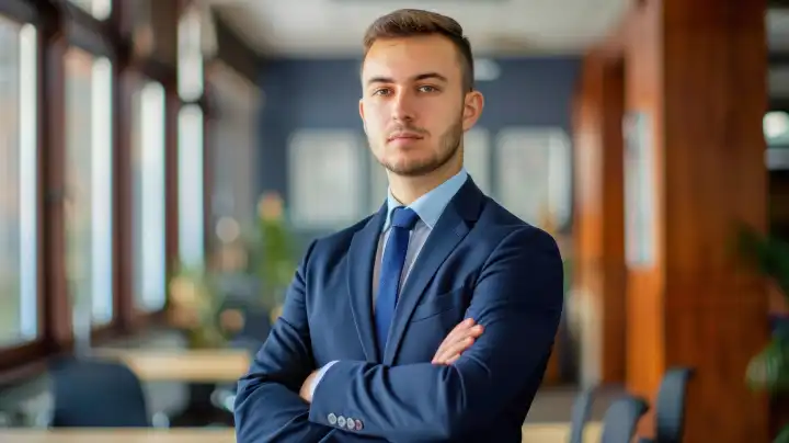 Young man in a business suit in front of a blurred office scene