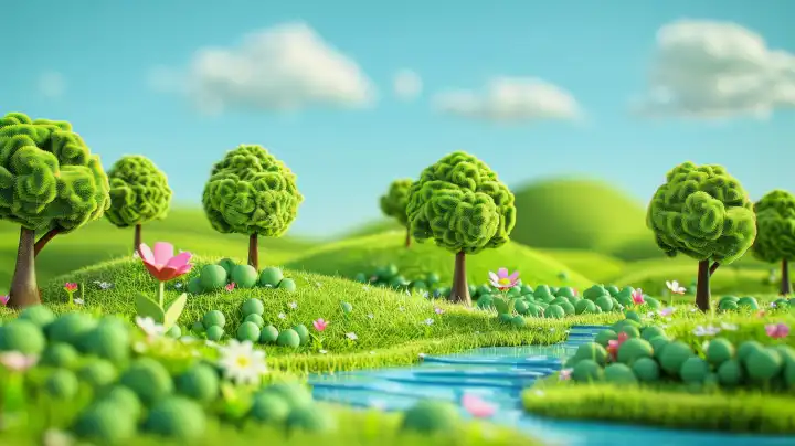 ai generative illustration einer grünen landschaft mit einem fluss und bäumen im 3d-look