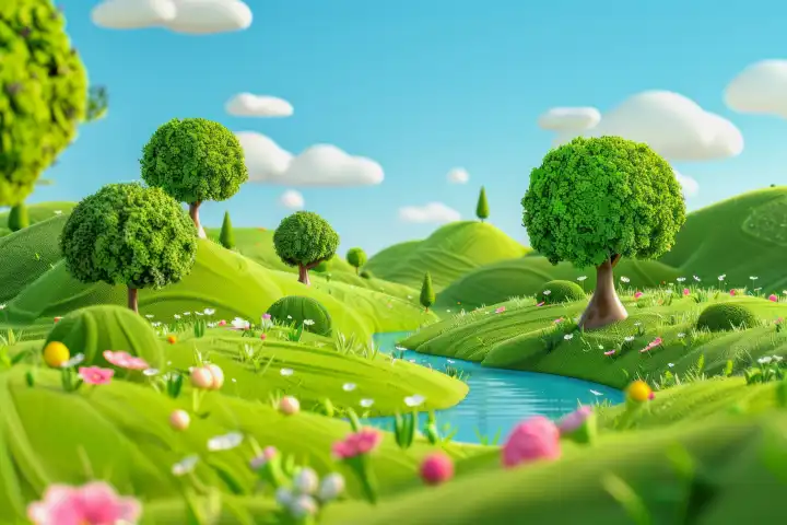 ai generative illustration of a green landscape with a river and trees in 3d look