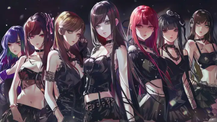 coole Anime-Mädchengruppe in schwarzer Kleidung