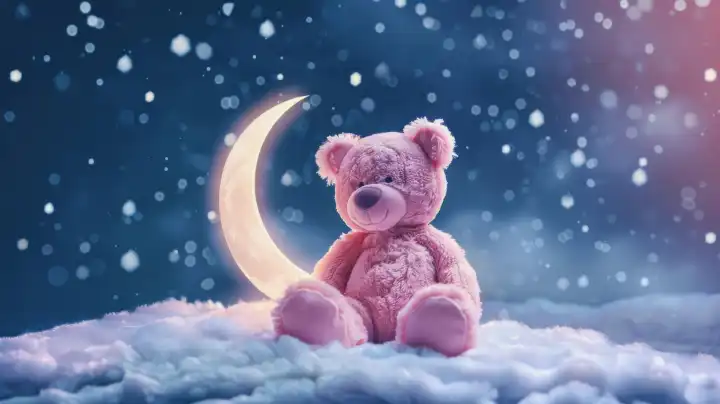 ai generative illustration von einem rosa kuscheligen teddybär mit einem mond auf einer wolke, nachthimmel hintergrund