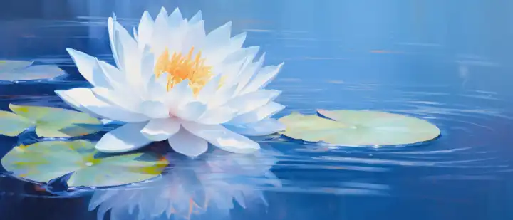ai generative illustration of a white beautiful water lily on a calm blue water surface in painting style