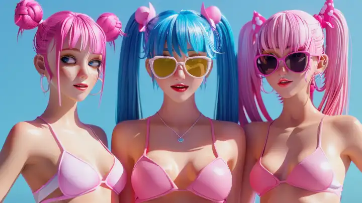 Illustration von drei 3d Mädchen mit rosa und blauen Haaren und rosa Bikini zusammen