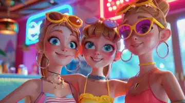 Illustration von drei 3d Mädchen mit großen blauen Augen lächelnd