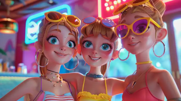 Illustration von drei 3d Mädchen mit großen blauen Augen lächelnd