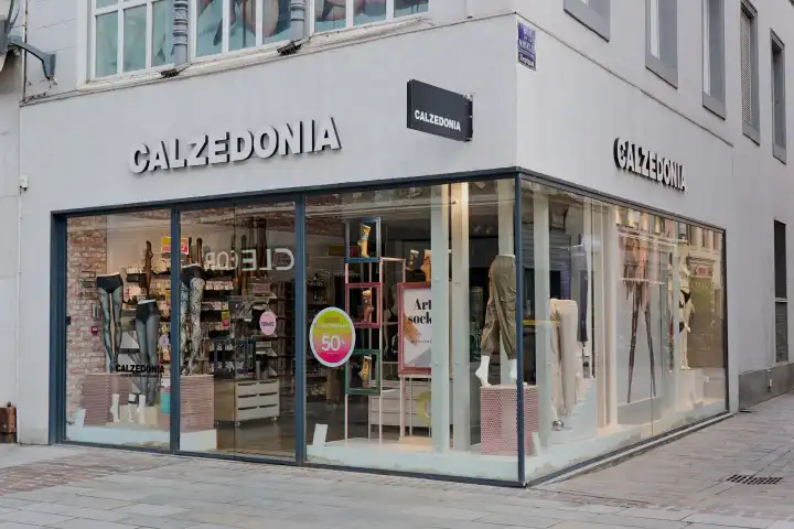 Mulhouse, France - April 07, 2024: Calzedonia front store and logo in the city of Mulhouse, France. Calzedonia is an Italian fashion brand of socks, leggings, stockings and beachwear