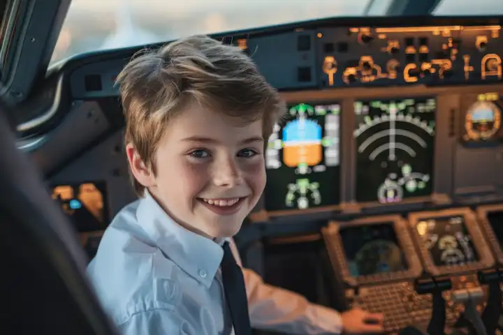 portrait of a smiling young boy sitting in a cockpit of a plane