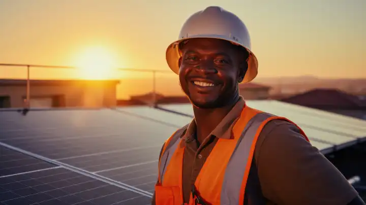 smiling dark skinned man wearing an orange safety vest and stands in front of solar panel, sun shines in background