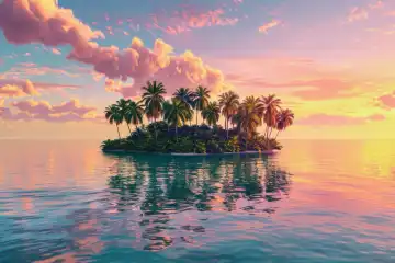 ai generative illustration of a small island with lots of palm trees in beautiful pink sunset sky with turquoise ocean around