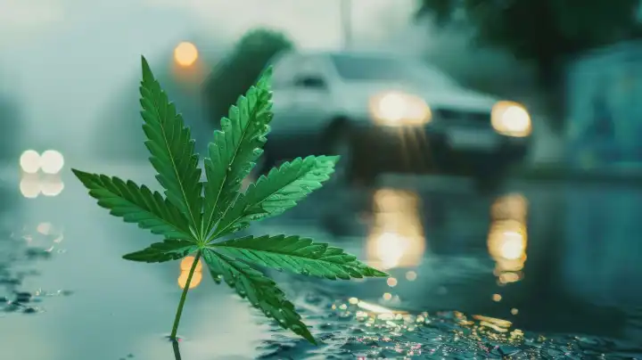 ai generativ, Cannabisblatt vor einem verschwommenen Fahrzeug als Symbolbild für Cannabiskonsum und Autofahren