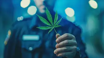 ai generativ, Cannabisblatt in der Hand eines Polizisten, der im Hintergrund unscharf ist