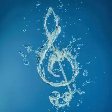 ai generativ, Wassertropfen bilden einen Violinschlüssel vor blauem Hintergrund