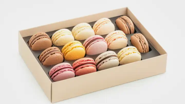 ai generative, box with different macaroons on white background