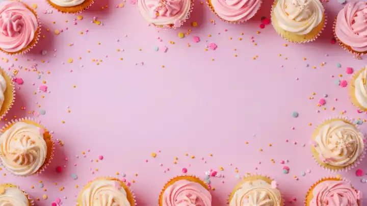 ai generativ, Geburtstagshintergrund mit kleinen Muffins mit Sahnehäubchen auf rosa Papier