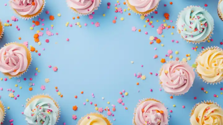 ai generativ, Geburtstagshintergrund mit kleinen Muffins mit Sahnehäubchen auf blauem Papier