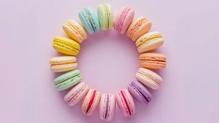 ai generative, a perfect circle laid with pastel colored macaroons, copy space in the center, pink background