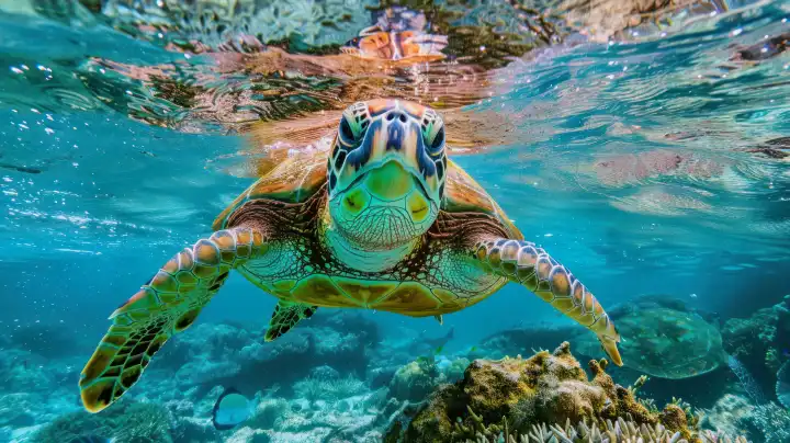 ai generative, die unter Wasser schwimmende grüne Schildkröte