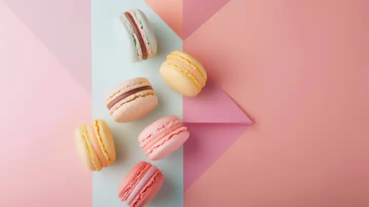 ai generative, pastel colored paper folded in different geometric shapes, six macaroons lying on the paper, copy space