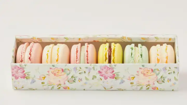 ai generative, a box with beautiful pastel flower pattern, inside are six different colored macaroons in pastel color