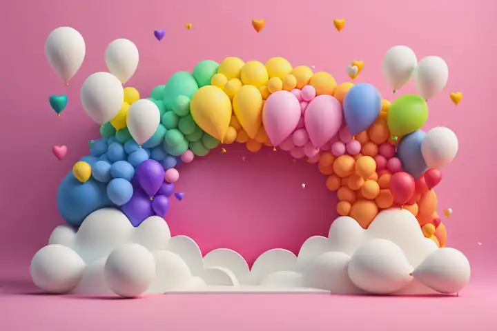 generative ai illustration, abstract 3d rainbow with clouds and colorful balloons