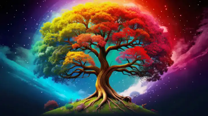 ai generative illustration of a rainbow colored tree against a night sky