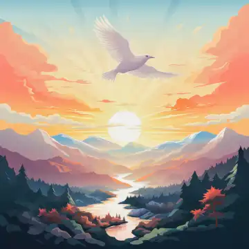 ai generative Illustration einer weißen Friedenstaube fliegt über eine Landschaft mit Bergen und einem Fluss, generiert mit KI