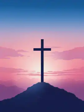 vertikale Farbillustration eines einfachen Kreuzes Silhouette auf einem Berg vor einem Himmel, generiert mit KI