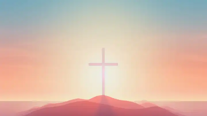 Illustration eines einfachen Kreuzes Silhouette auf einem Berg vor einem hellen leuchtenden Himmel, generiert mit KI