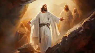 Illustration im Stil eines Ölgemäldes der Auferstehung Jesu vor der Höhle, generiert mit KI