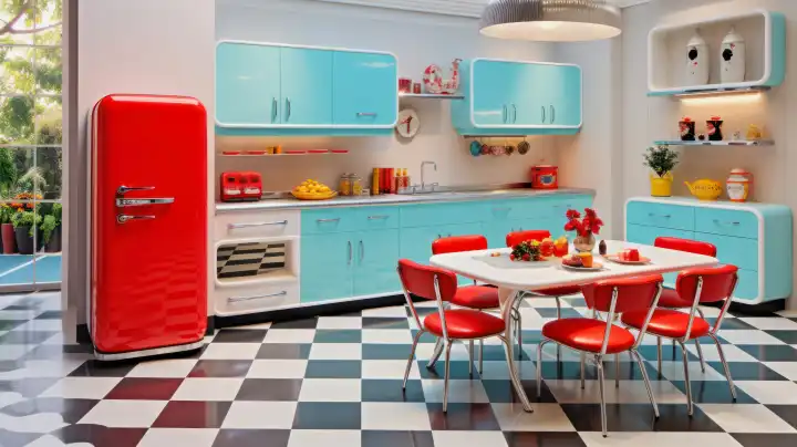 ai generative illustration einer küche in pastellfarbenem retro look, generiert mit KI