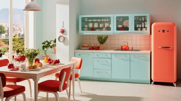 ai generative illustration einer küche in pastellfarbenem retro look, mock-up, generiert mit KI