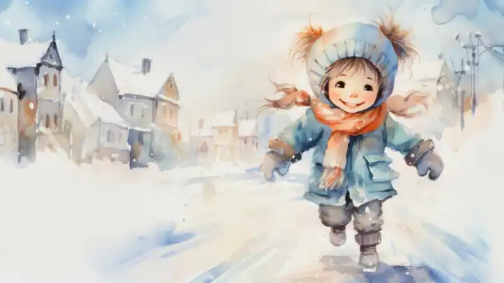 Aquarellillustration eines kleinen Mädchens, das sich über den Schnee freut. Das Mädchen trägt einen Anorak, Mütze und Schal und spielt in der Winterlandschaft, generiert mit KI