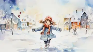 Aquarellillustration eines kleinen Mädchens, das sich über den Schnee freut. Das Mädchen trägt einen Anorak, Mütze und Schal und spielt in der Winterlandschaft, generiert mit KI