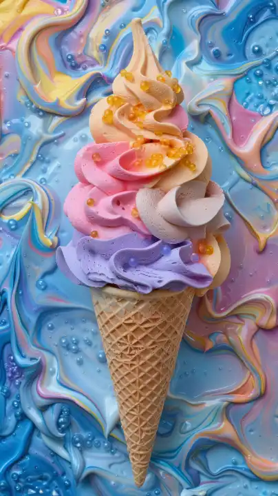Buntes Softeis auf Eiswaffel vor pastellfarbenem Hintergrund, generiert mit KI