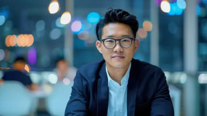 chinesischer Geschäftsmann im Anzug vor unscharfem Büro-Hintergrund, ai generativ