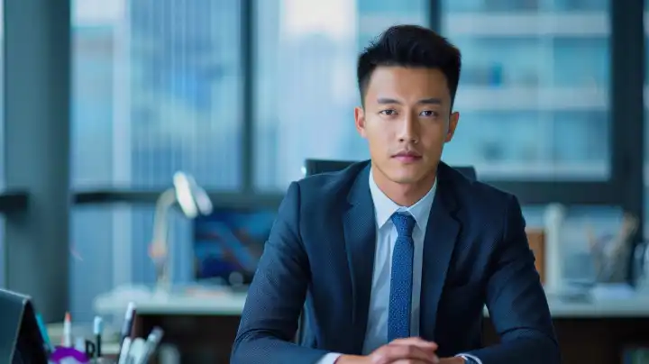 chinesischer Geschäftsmann im Anzug vor unscharfem Büro-Hintergrund, ai generativ