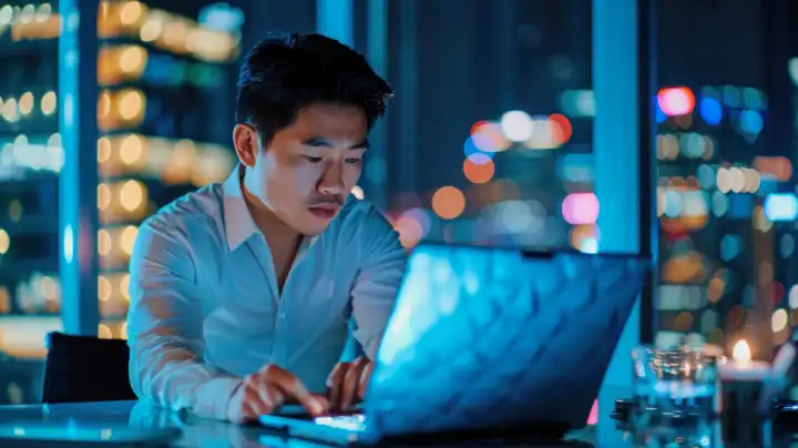 Chinesischer Geschäftsmann arbeitet am Laptop in der Nacht vor verschwommenem Stadthintergrund, ai generativ
