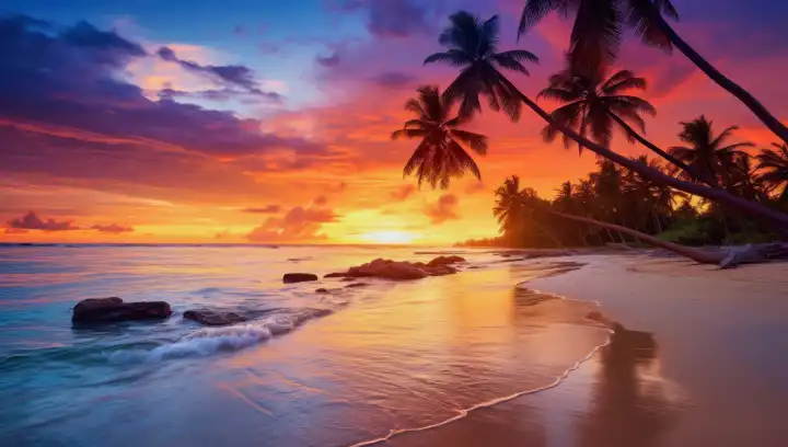 bunten Sonnenuntergang über tropischen Strand mit Palmen, ai generativ