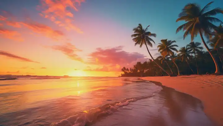 bunten Sonnenuntergang über tropischen Strand mit Palmen, ai generativ