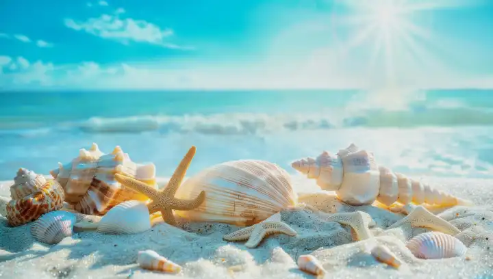 beach with white sand with seashells and starfish against blue cloudy sky, ai generative