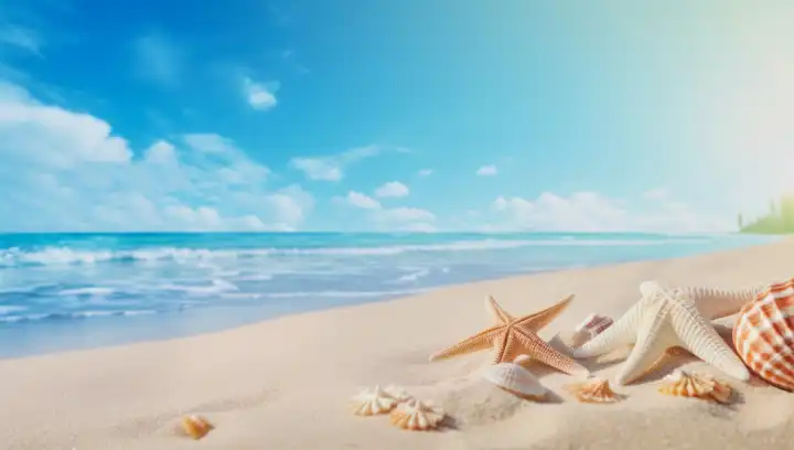 Strand mit weißem Sand mit Muscheln und Seesternen vor blauem Wolkenhimmel, ai generativ