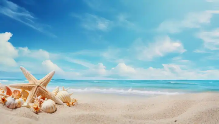 Strand mit weißem Sand mit Muscheln und Seesternen vor blauem Wolkenhimmel, ai generativ