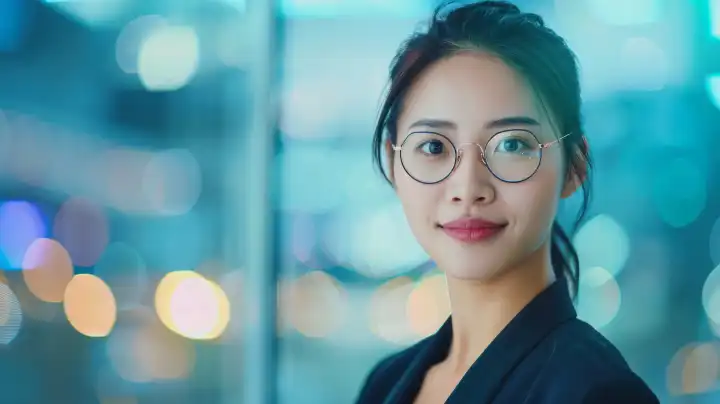 Chinese business woman with glasses in front of blurry blue background, ai generative